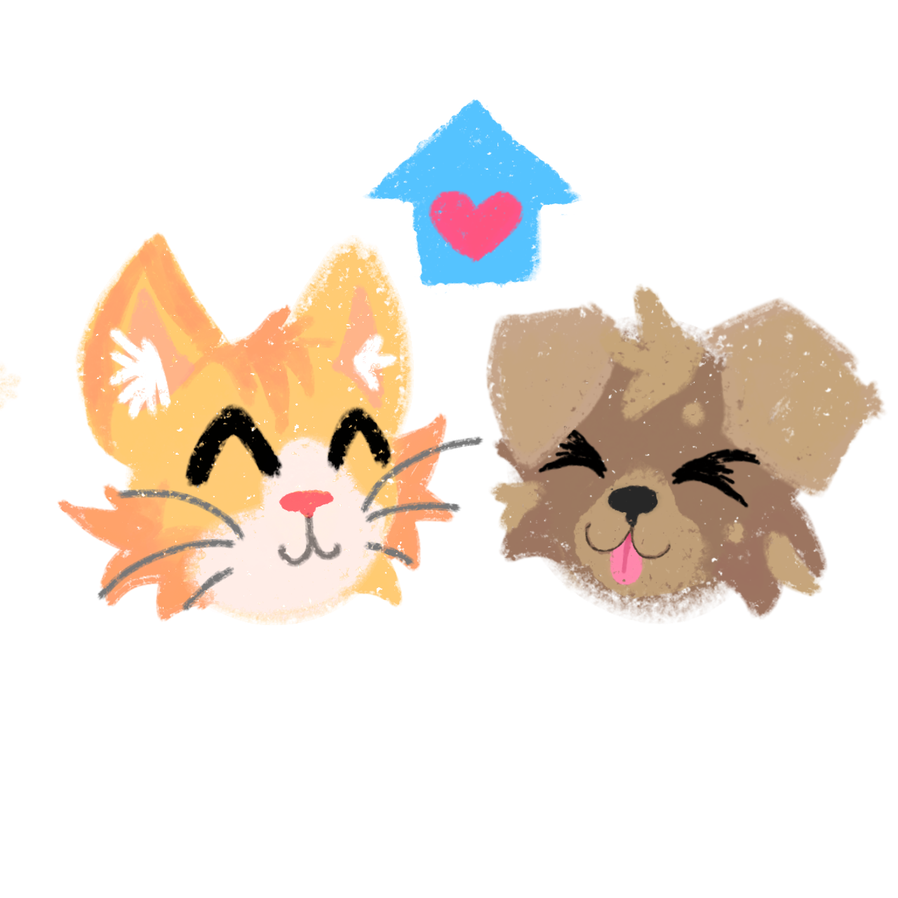 a cartoon styled drawing of a cat and a dog. The cat is orange with white markings, and is smiling cheerfully. The dog, with brown and white fur, is also smiling and has its tongue sticking out playfully. Above them, a simplified  blue house with a pink heart inside. 